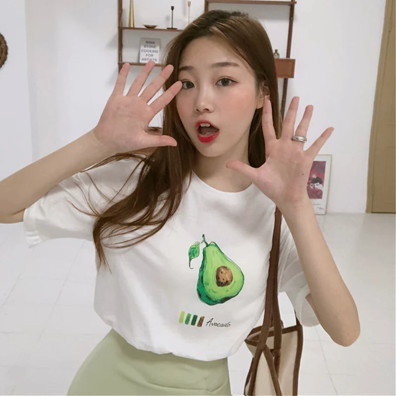 

All-match Avocado Print T Shirt Women Cotton Elastic Basic T-shirts Female Casual White Tops Tees Short Sleeve T-shirt Femme