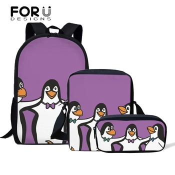 

FORUDESIGNS 3Pcs/Set Purple Penguin Lover Printing Schoolbags for Students Small Shoulder Bookbag Teenage Boys Students Bag Back