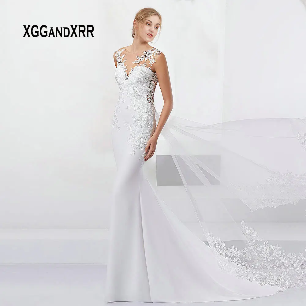 

New Arrival Long Mermaid Wedding Dress 2019 Sleeveless Illusion Back White Dress Lace Applique Gelinlik Boho Vestido De Noiva