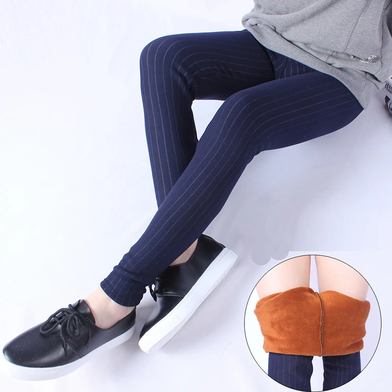 Women Winter Denim Velvet Leggings Vertical Stripes Black