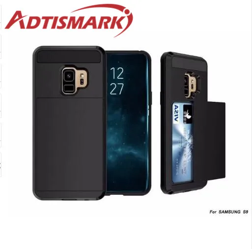 Adtismark Slide Wallet Credit Card Slot Phone Case For Samsung Galaxy S9 S9+ Plus Armor Shockproof Silicone TPU Back Cover |