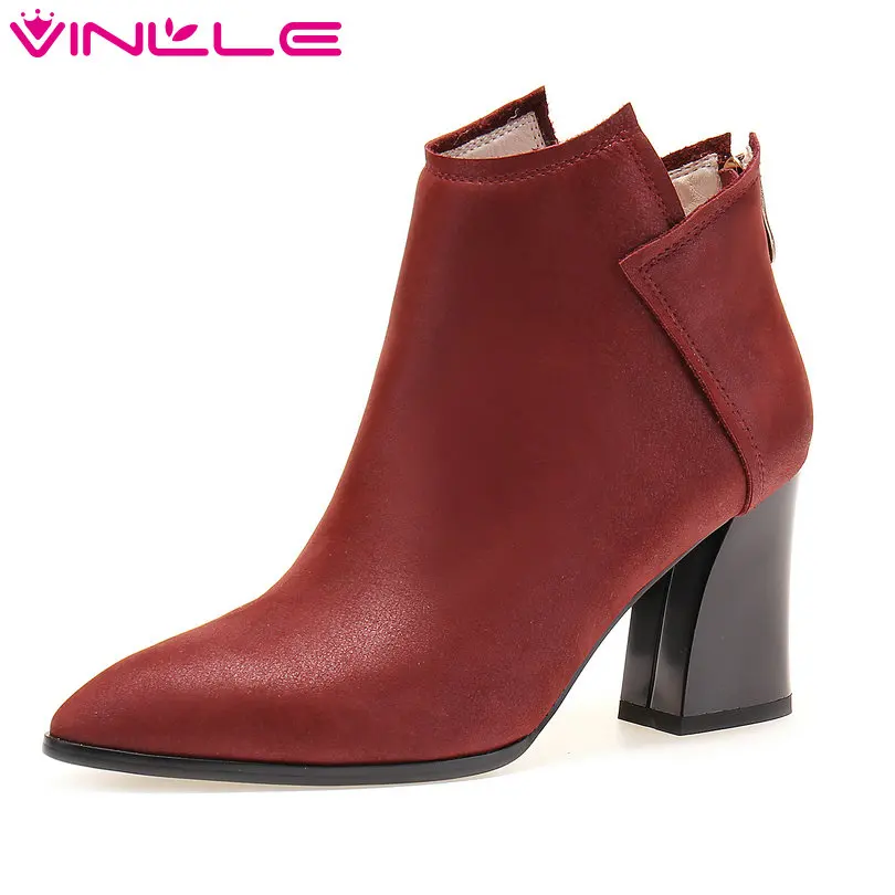

VINLLE 2018 Women Boots Shoes Western Style Ankle Boots Square High Heel Genuine Leather Ladies Motorcycle Shoes Size 34-39