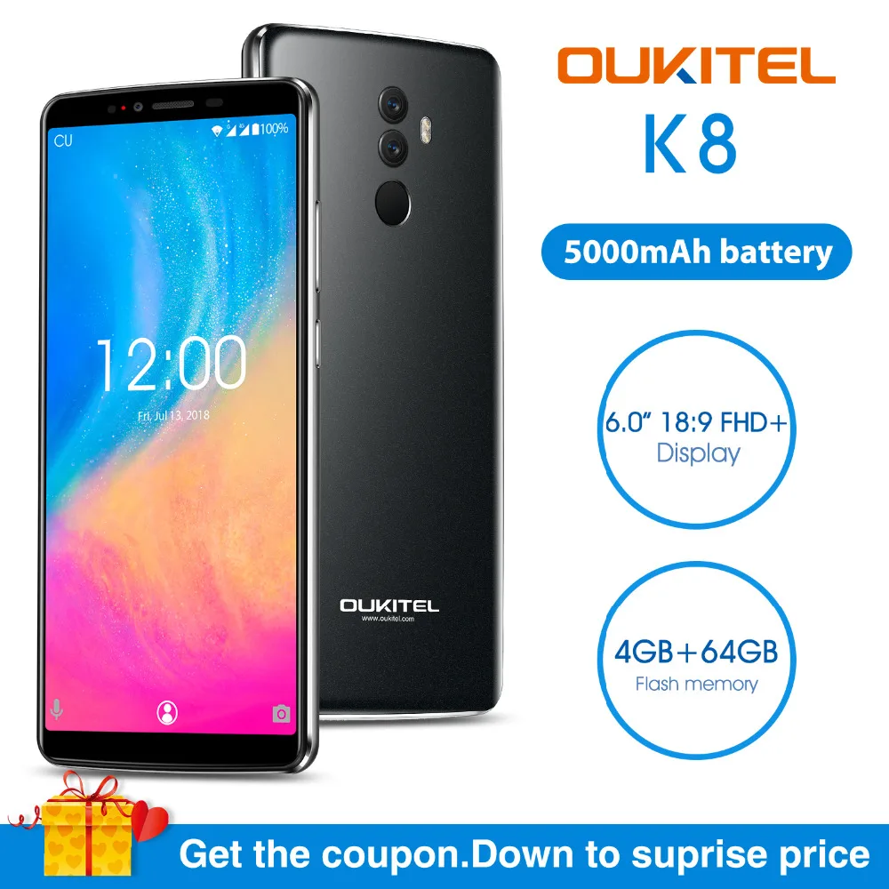 OUKITEL K8 Mobile Phone 6.0" 4GB RAM 64 ROM MTK6750T Octa Core Android 8.0 5000mAh 13.0MP+5.0MP Fingerprint Face ID Smartphoone