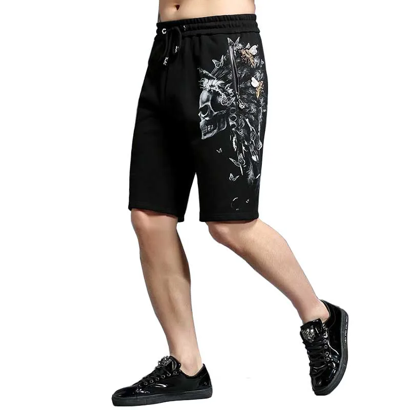 

Summer New Fashion Embroidery Bee Skull Head Printed Casual Shorts Cotton Men Boardshorts Loose Baggy Beach Shorts Male Clothes
