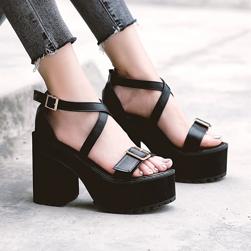 Women Platform High Sandals 11cm Square Heels With Ankle Women Platform High Sandals 11cm Square Heels With Ankle