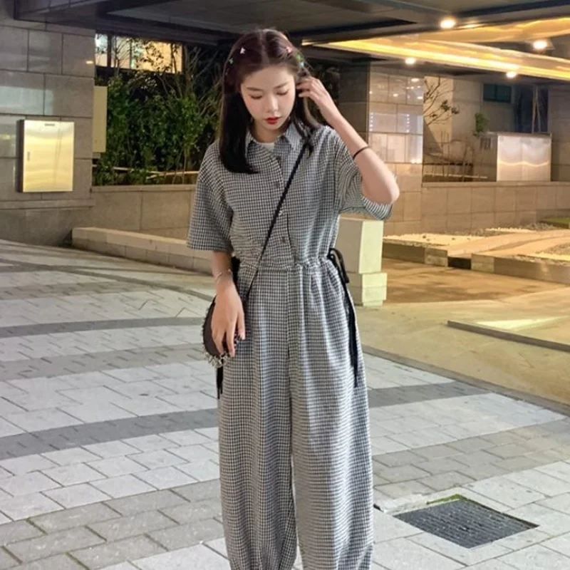 new-chic-plaid-jumpsuit-2019-summer-short-sleeve-shirt-collar-bloomers-women-dungarees-loose-simple-jumpsuit-dd2128