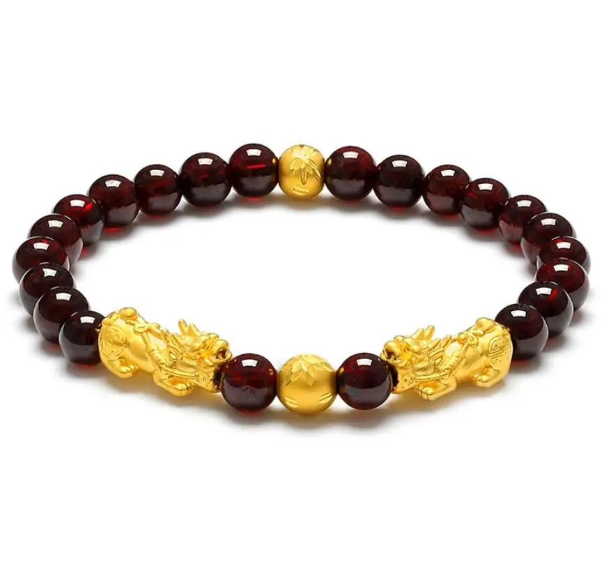 

Creative Garnet Beaded Golden Double Pixiu Braclet Fashion Charms Bracelet Lucky Brave Wealth Jewelry for Women Men Bracelet