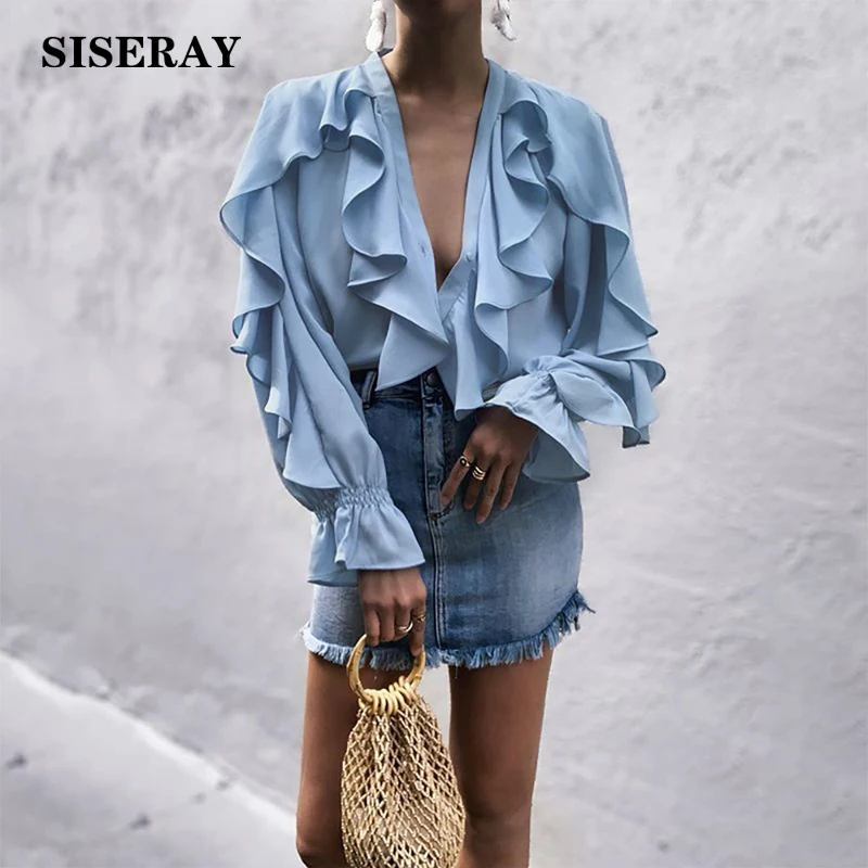 

Hot Sale Sexy Deep V Long Sleeve Ruffled Chiffon Blouse Female Solid Color Fashion Flare Sleeve Shirts Womens Clothing Frill Top