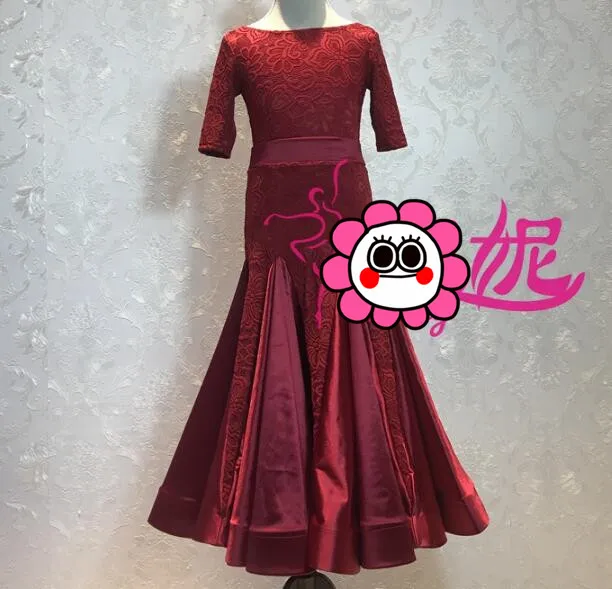 

customize juvenile Standard Ballroom short sleeve kids Competition Dress Ballroom Tango Waltz Dance Dress wine red J03