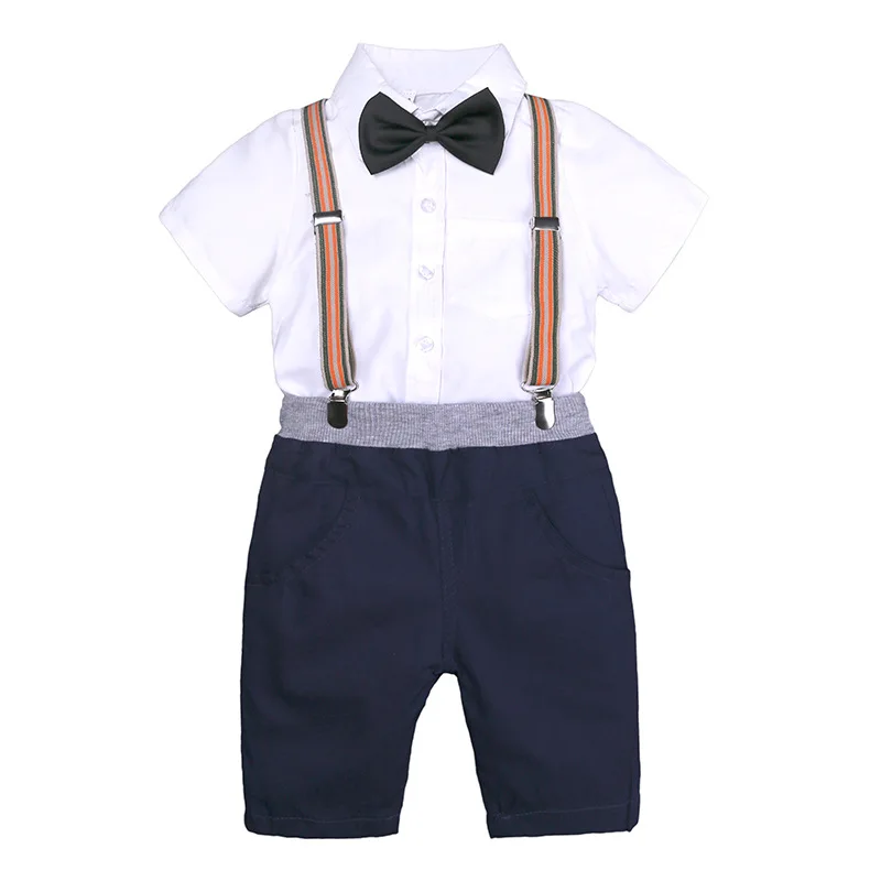 Для маленьких мальчиков Модная одежда комплект 4 шт. одежда для детей с бантом шорты на подтяжках Костюм Джентльмена маленьких Одежда для