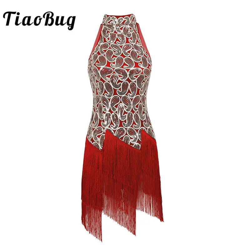 

TiaoBug Women Shiny Sequined Tassel Fringe Dress Stage Dance Costume Rhythm Ballroom Samba Rumba Tango Salsa Latin Dance Dress