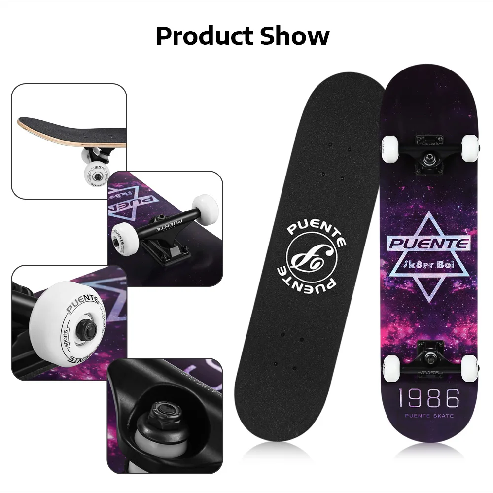 PUENTE Four-wheel Double Kick Deck Skateboard with T-shape Gadget