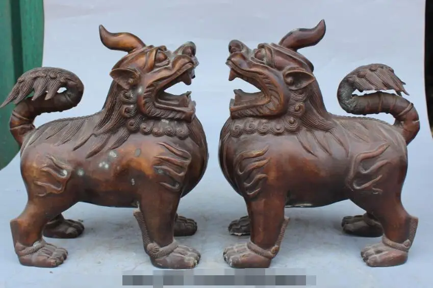 

S01368 9" China Feng Shui Bronze Animal Guardian beast Kylin Unicorn Pi Xiu Statue Pair B0403
