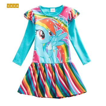 

Baby girl dress spring&autumn children cotton clothes girl cartoon print dress kids stitching rainbow horse long sleeve dress