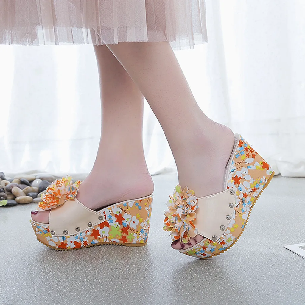 

Women Printing Leather wedge sandals 2019 summer High-Heeled Platform flower Slope With Female Beach Shoes Slippers Flip-Flops