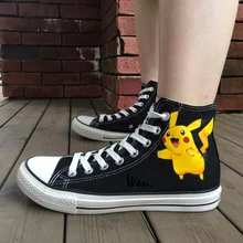 Wen аниме, черные, ручная роспись, обувь, дизайн на заказ, покемон Пикачу, высокие мужские и женские парусиновые кроссовки, подарки на день рождения