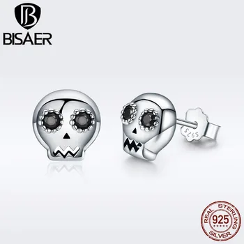 

BISAER Fashion 925 Sterling Silver Earrings Hiphop/Rock Black AAA Zircon Small Skull Women Stud Earrings Jewelry Brincos ECE064