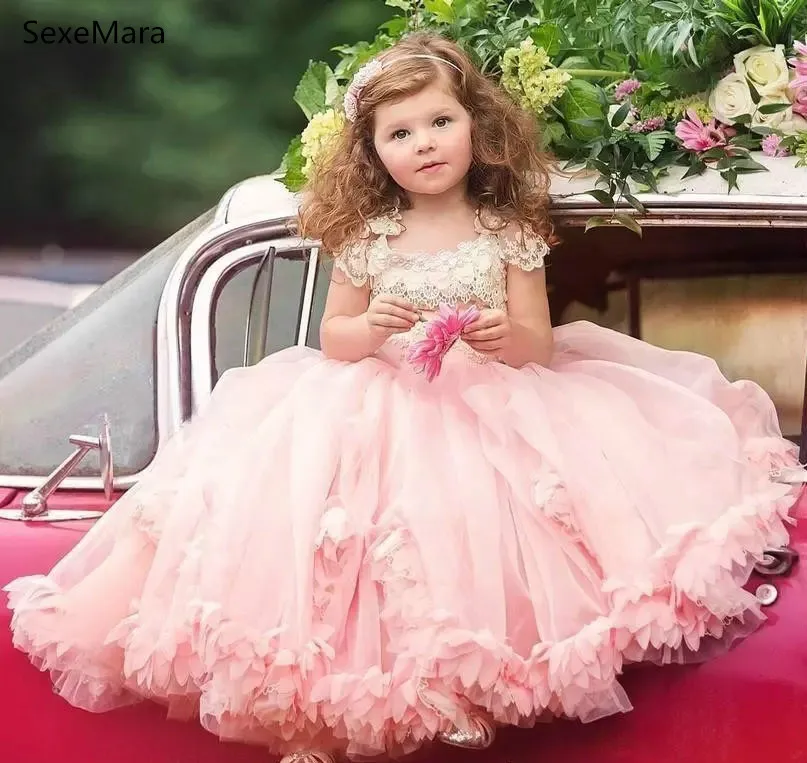 

Pink Flower Girls Dresses Puffy Tulle Lace Top Ball Gown Daughter Toddler Pretty Kids Pageant Dress Birthday Gowns