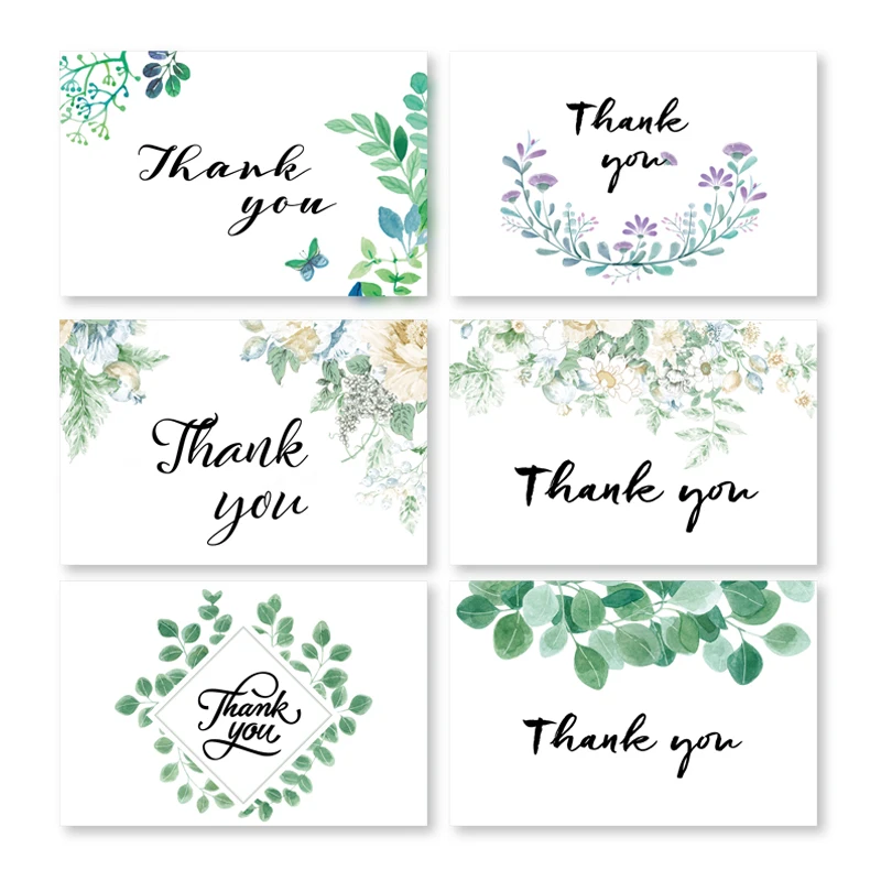  Random 6Pcs Thank You And Green Series Flowers Card Invitations Leave Message Greeting Card For Wed - 32934595696