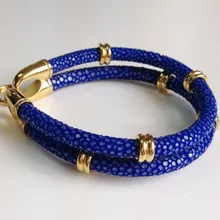 Дизайн Шарм браслет из кожи ската двойным ремешком 5 мм круглый кожаный синий браслет Многослойные Кожаный Браслет