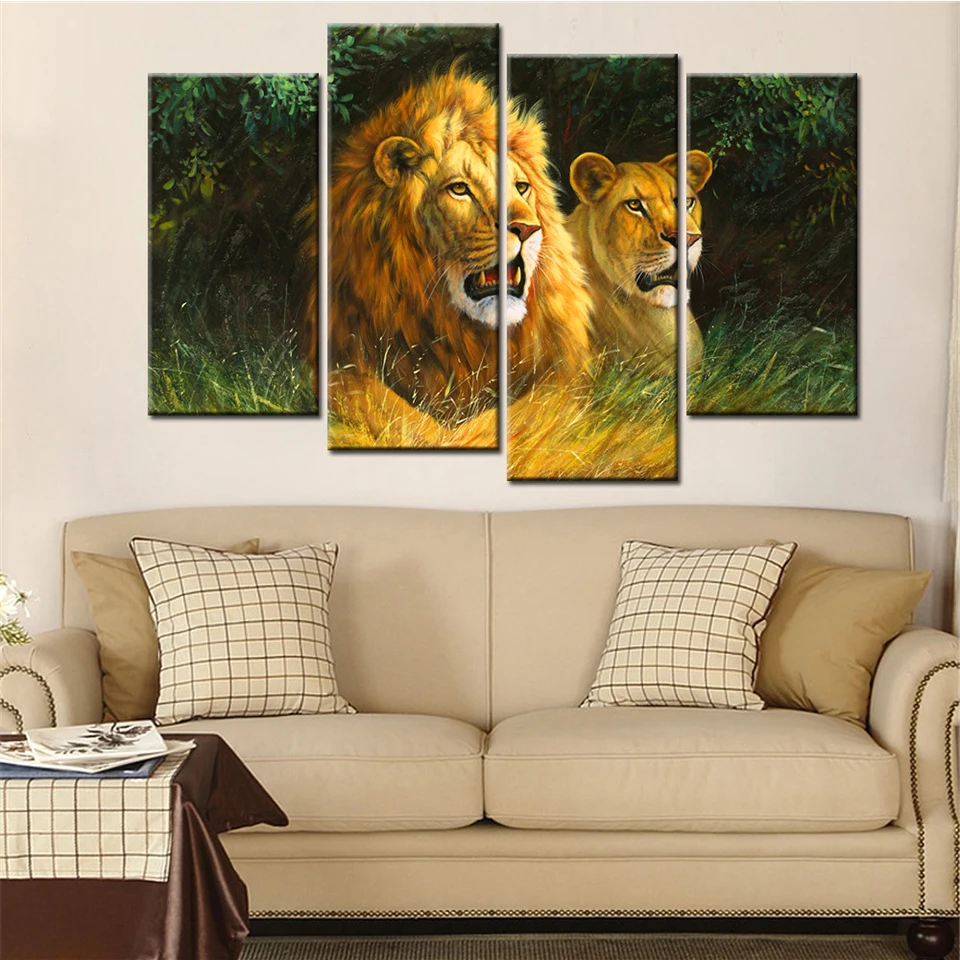 Home Decor Living Room Wall Pictures Framed 4 Panel Lions Animal Art