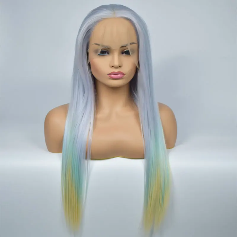 Bombshell светло-голубой Омбре зеленый до желтый прямой половина ручной работы синтетический парик кружева спереди термостойкие волокна волос для женщин