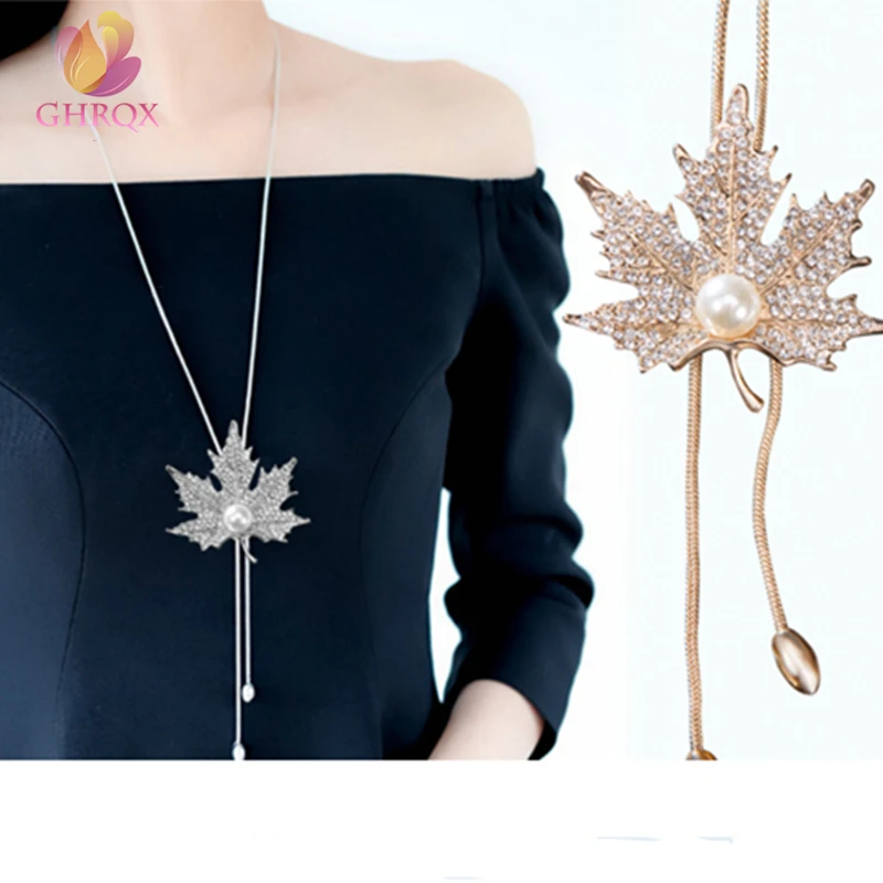 

Hot Sell Lovely Maple Leaf Long Beaded Chain Tassel Pendant Necklace Women Office Lady Imitation Pearl Jewelry Gifts 035