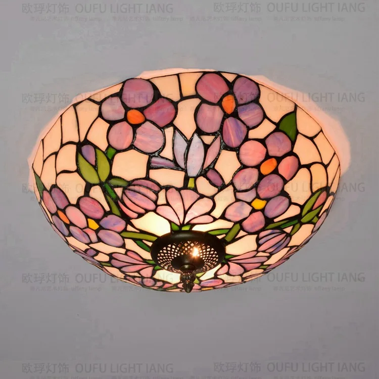 

37cm Flesh Country Flowers Tiffany ceiling light Stained Glass Lamp for Bedroom E27 110-240V