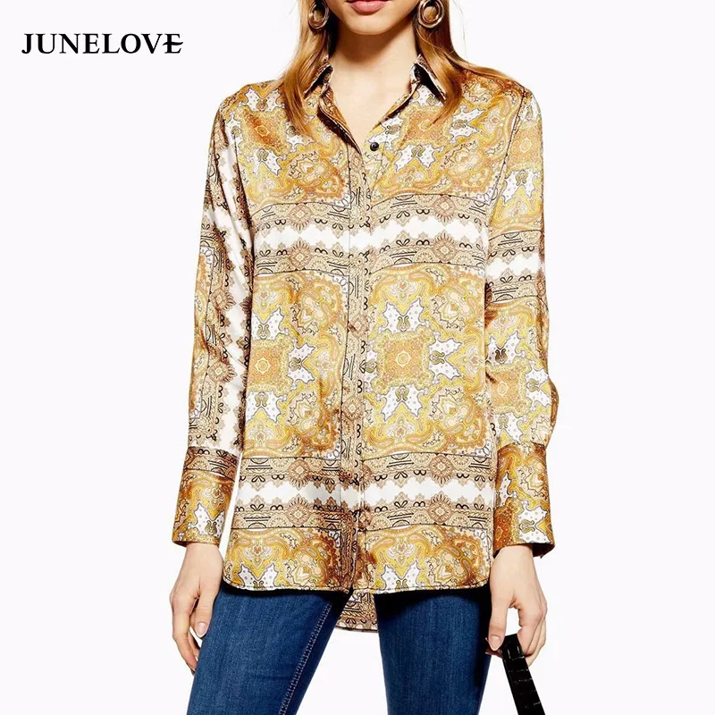 

JuneLove Women Long Sleeve Loose Blouse Shirts Vintage Print Female Casual Blouse Street Wear Lady Turn-Down Collar Shirts Tops