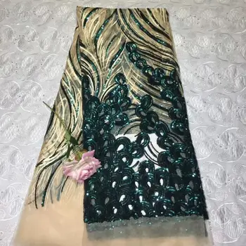 

2019 NEW Wholesale luxury quality African chiffon lace fabric with sequins 5 yards emerald green sequins lace fabric YYZ89023