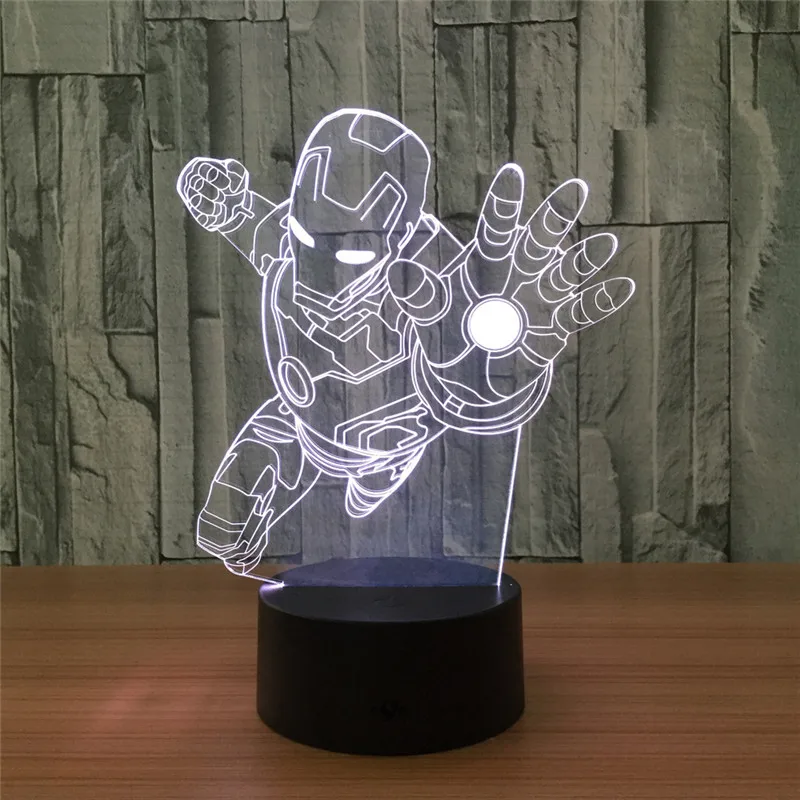 Супер герой 3D светодиодный ночной Светильник Железный человек лазерный Старт фигурку 7 цветов сенсорный оптический Иллюзия настольная лампа для дома краска на фоне