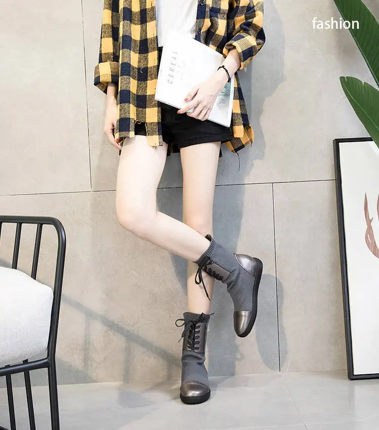 2018 Autumn And Winter Boots Women's Leather Increased Thick Bottom Elastic Boots Med-HeelFashion Winter Ankle Boots WomenM8D156 (2)