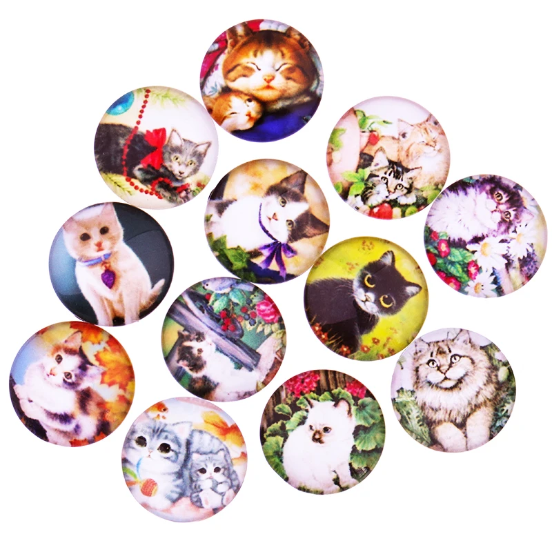 

24pcs 12mm 14mm 16mm Lovely cartoon cat Round Handmade Photo Glass Cabochons & Glass Dome Cover DIY Handmade Cabochon beads