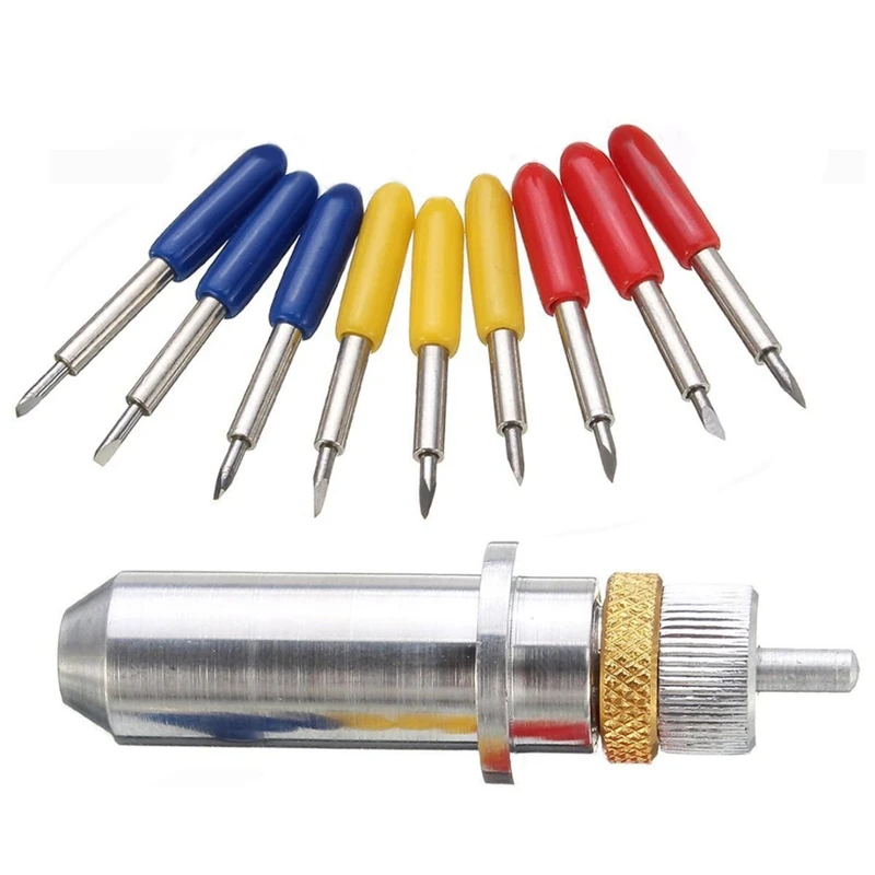 

1Pc Tungsten Steel Carving Cutting Plotter Blade Holder With 9Pcs 30/45/60 Degree Vinyl Cutter Blades 23x2Mm