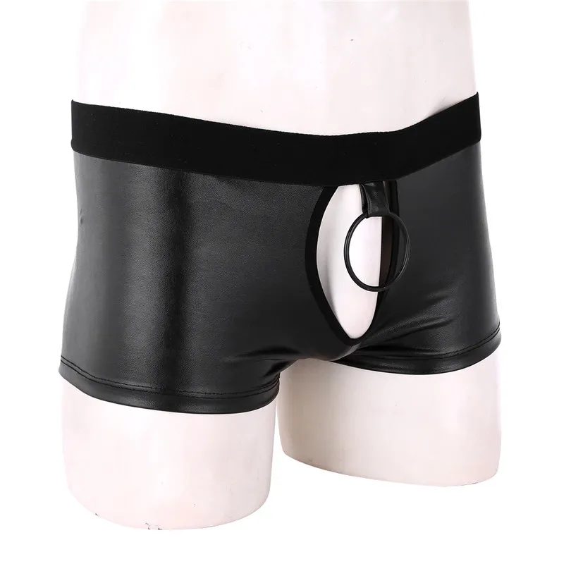 iEFiEL Sexy Gay Men Male Lingerie Soft Faux Leather Cut Out Low Rise Boxer Jockstrap Underwear Underpants with Ball Metal O-ring