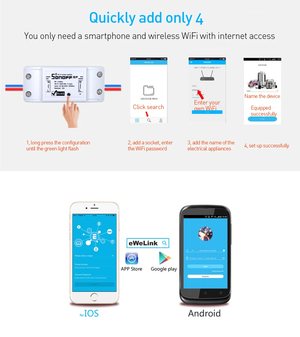 ITEAD SONOFF RF 433 МГц Wifi беспроводной пульт дистанционного управления умный переключатель светильник 220 в модуль домашней автоматизации универсальный для IOS/Android App