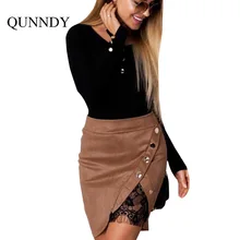 Qunndy Для женщин замшевые карандаш женская Юбка-миди осень-зима Винтаж туфли с широко открытым носком элегантные кружевные основной трубки Bodycon юбки Saia