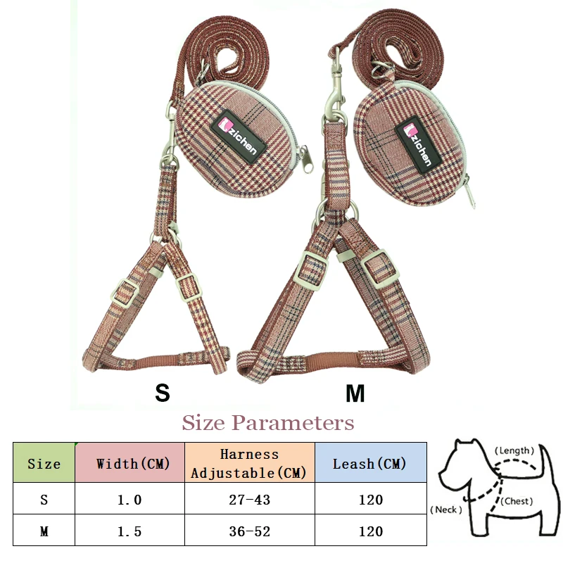 Zichen поводок для питомцев, поводок для собак, набор клетчатых утолщенных двойных нейлоновых маленьких сумочек, поводок для собак, поводок для питомцев, идеально подходит для ежедневной прогулки S-M