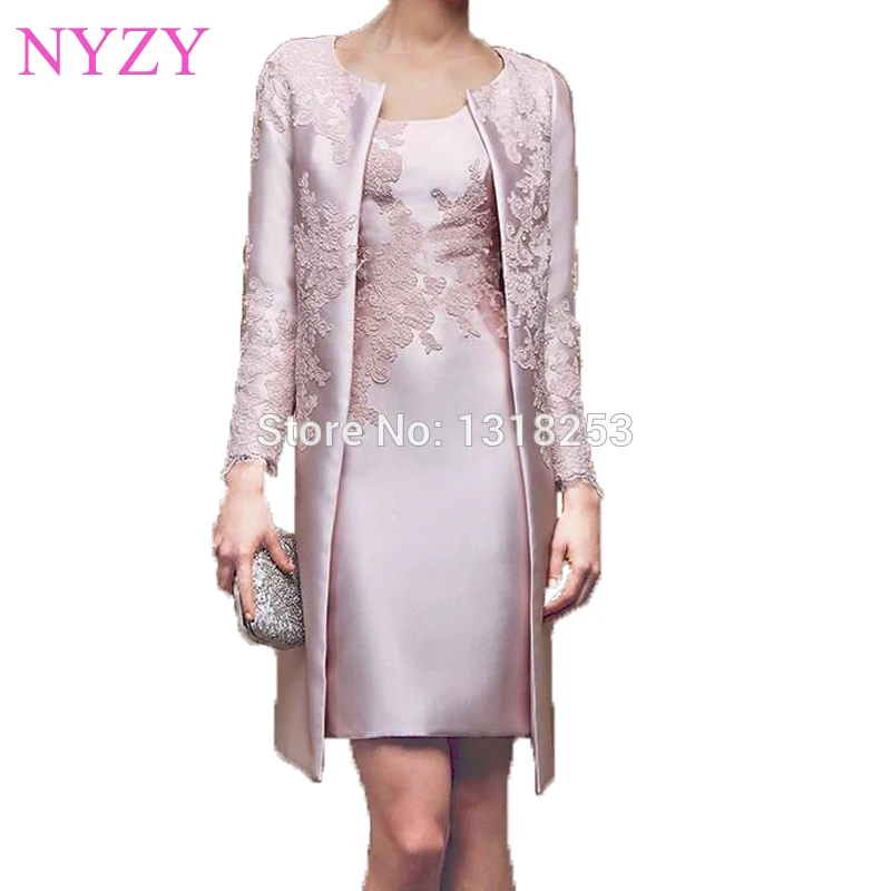 

NYZY M2 Elegant Party Dress Long Sleeves Formal Dress Short Mother of the Bride/Groom Dresses Outfits Suit with Jacket Coat 2019