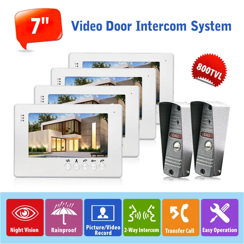 

2v4 7 inch HD 800TVL Video Door Phone Doorbell Intercom System,Monitoring/Picture Snapshot/Video Recording/Transfer Call