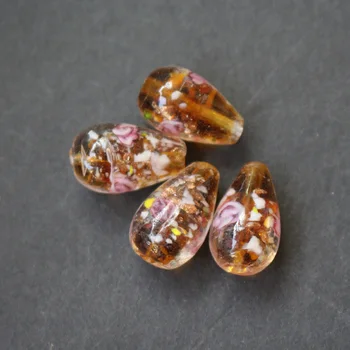 

20Pieces/Lot 9mm*16mm Drop Shape Lampwork Glass Beads Flower With Inner Colorful Pieces Brown Color for jewelry making