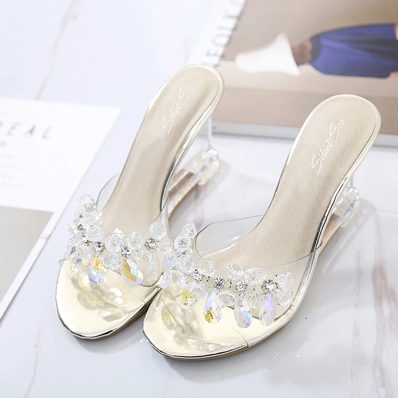 Silentsea/Женская обувь со стразами, на высоком каблуке 8,5 см, сандалии, шлепанцы, украшенные кристаллами, нескользящая подошва, толстые летние женские пикантные сандалии