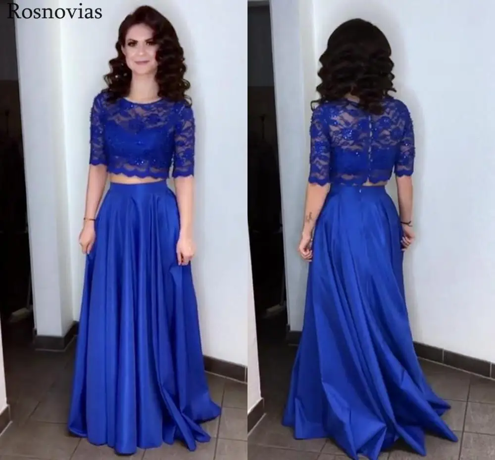 

Blue Mother Of The Bride Dresses 2020 Jewel Half Sleeves Lace Appliques Prom Party Wedding Guest Gowns Two Pieces Mother Dress