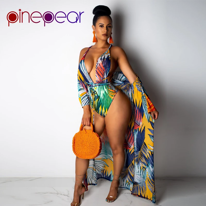 

PinePear Colourful Leaf Print Bodysuit and Cover Up Bikini 2 Piece Set 2019 Women Deep V Neck Swimsuit Beach Wear Dropshipping