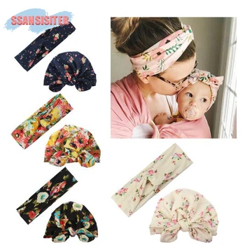 

Baby Hat + Mother Headband Sets Flower Printed Family Match Clothes Bohemian Headbands Mom & Baby Suit Floral Hair Accessories