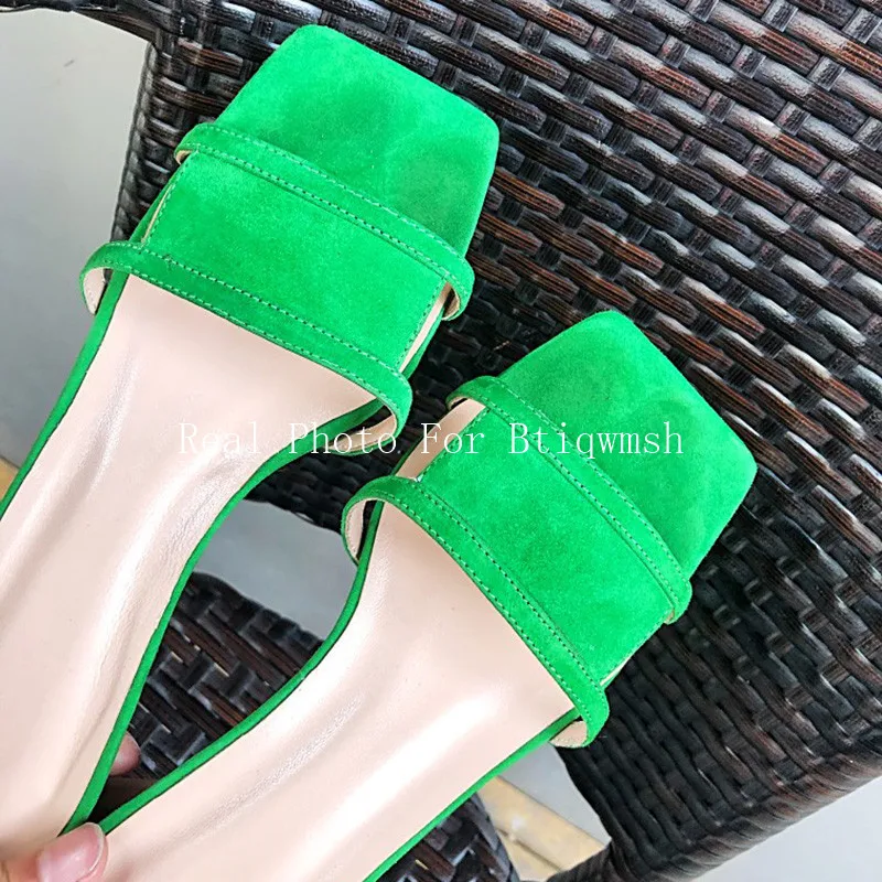 Зеленые замшевые тапочки Для женщин открытый носок вырезать Kitty каблуки Мула обувь Женские сандалии-гладиаторы