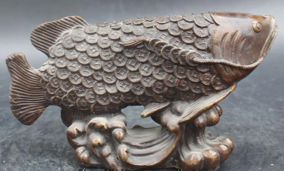 

S0761 10" Chinese Fengshui Bronze Money Wealth Fish Barracuda Goldfish Animal Statue