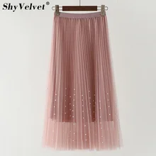 Плиссированная фатиновая юбка с завышенной талией и бусинами летняя новая модная трапециевидная юбка-пачка из бисера сетчатые юбки женские розовые синие длинные элегантные Saia
