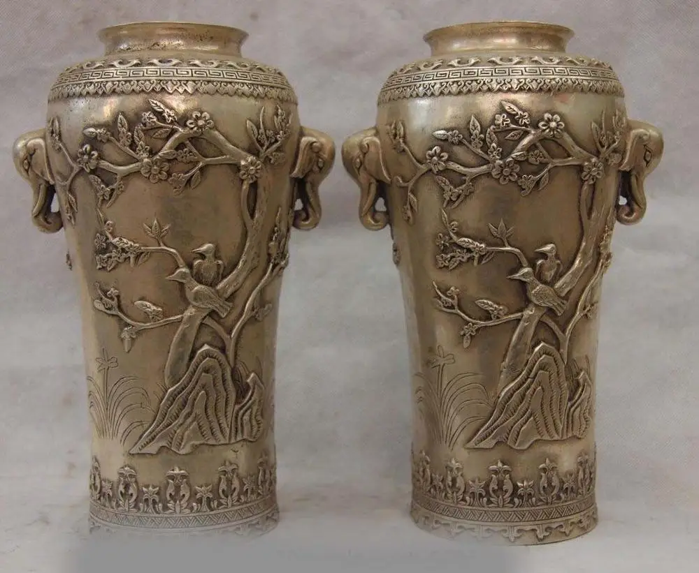 

Chinese White Copper Silver Plum flower Magpie Bird Elephant Ear Pot Bottle Vase