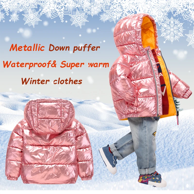 Зимняя куртка для мальчика и девочки; зимний комбинезон; пуховик; парка-пуховик; детская верхняя одежда цвета металлик; теплое Детское пальто; комбинезоны для малышей